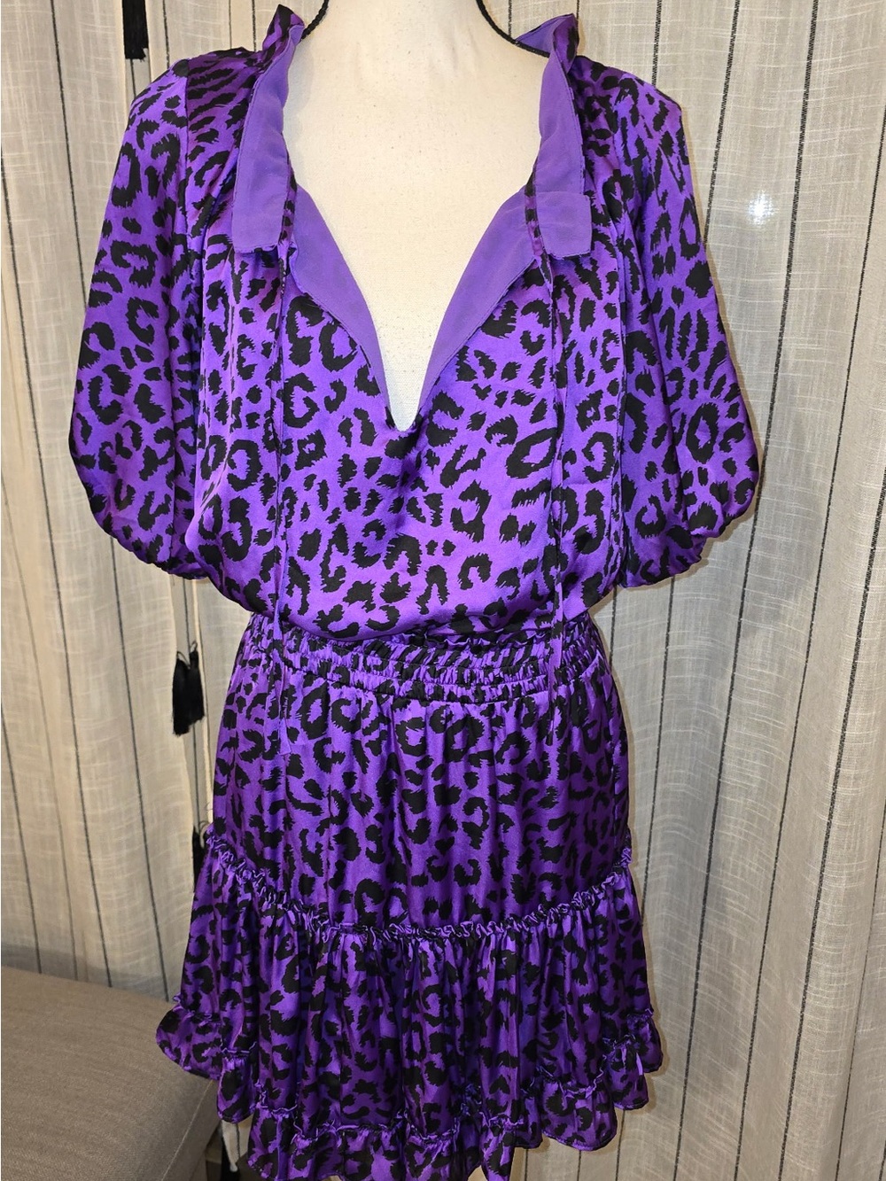 Buddy Love Purple and Black Leopard Tie-Neck Tiered Mini Dress
